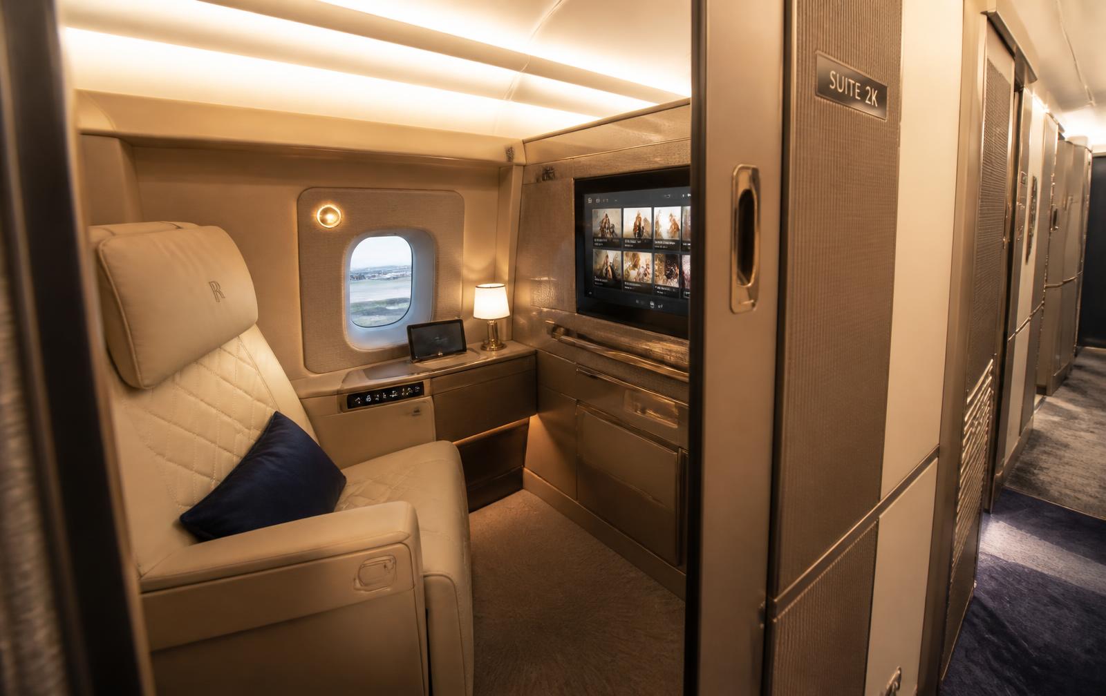 Concept private suite cabin interior with sliding door and lie-flat seat